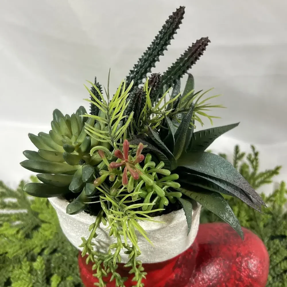 Vintage Ceramic Red Santa Boot Planter w/ Faux Plastic Succulents Plants